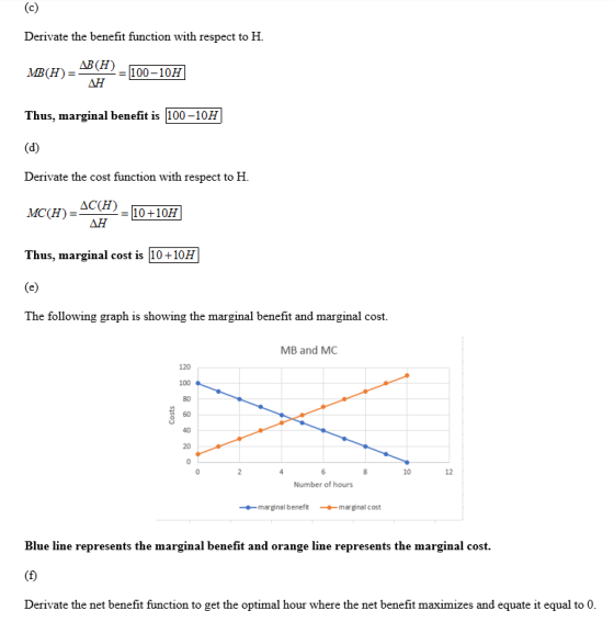Derivate the benefit function with respect to H. MB(H) = ABCH) = 100-107] Thus, marginal benefit is 100-101 (d) Derivate the