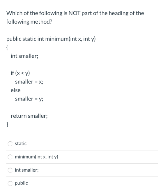 Which of the following is NOT part of the heading of the following method? public static int minimum(int x, int y) int smalle