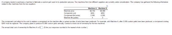 A company needs to purchase a machine to fabricate a custom part used in its production process. Two machines from two differ