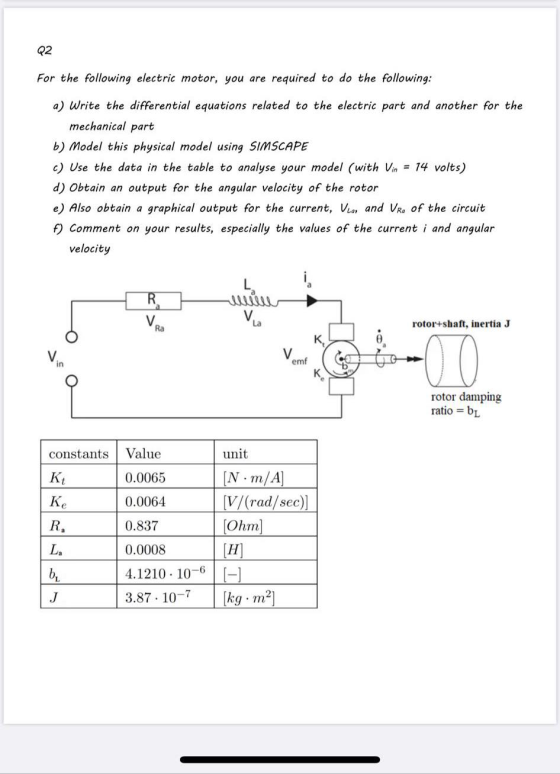 Q2 For the following electric motor, you are required to do the following: a) Write the differential equations related to the