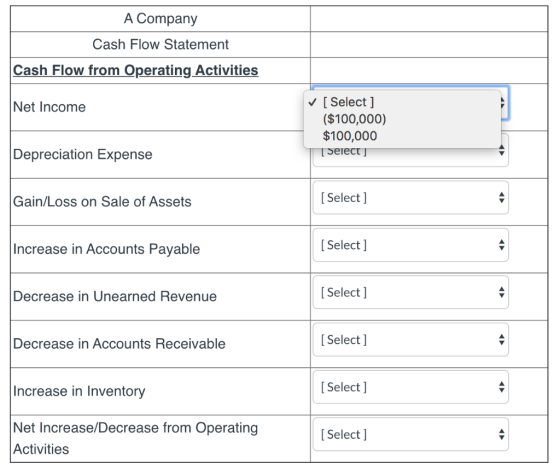 A Company Cash Flow Statement Cash Flow from Operating Activities Net Income ✓ [Select] ($100,000) $100,000 [Select] Deprecia