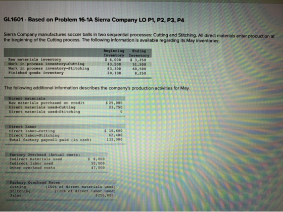 GL1601 - Based on Problem 16-1A Sierra Company LO P1, P2, P3, P4 Sierra Company manufactures soccer balls in two sequential p