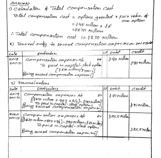 Answeri o calculation of Total compensation cost Total compensation cost = options granted x Fair vakce of one option. =$45 M