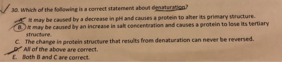 30. Whi ich of the following is a correct statement about denaturation? It may be caused by a decrease in pH and causes a protein to alter its primary structure. B.)it may be caused by an increase in salt concentration and causes a protein to lose its tertiary structure. C. The change in protein structure that results from denaturation can never be reversed. P All of the above are correct E. Both B and C are correct.