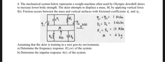 4. The mechanical system below represents a weight machine often used by Olympic downhill skiers to increase lower body stren