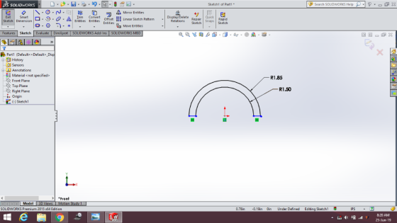 BS SOLIDWORKS Sketch1 of Part1 Search SOLIDWORKS Help ?- X A Mirror Entities Ouick Fvit Trim Conver AEntities Entities Displa