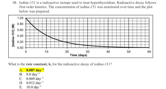 10. Iodine-131 is a radioactive isotope used to treat hyperthyroidism. Radioactive decay follows first order kinetics. The co