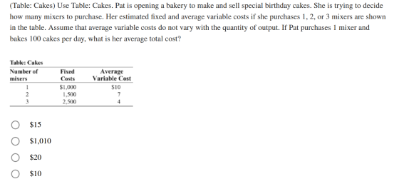 (Table: Cakes) Use Table: Cakes. Pat is opening a bakery to make and sell special birthday cakes. She is trying to decide how