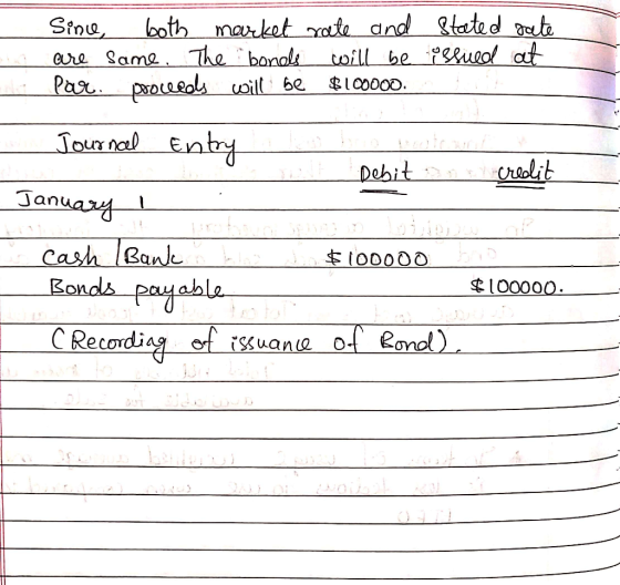 Sine, both market rate and stated sate are same. The bonds will be issued at Par proceeds will be $100000. Journal Entry libr