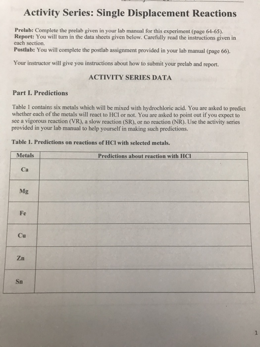 Activity Series: Single Displacement Reactions Prelab: Complete the prelab given in your lab manual for this experiment (page