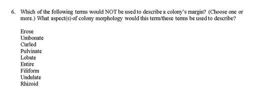 6. Which of the following terms would NOT be used to describe a colonys margin? (Choose one or more.) What aspect(s) of colomy morphology would this termthese tems be used to describe? Erose Umbonate Curled Pulvinate Lobate Entire Filiform Undulate Rhizoid