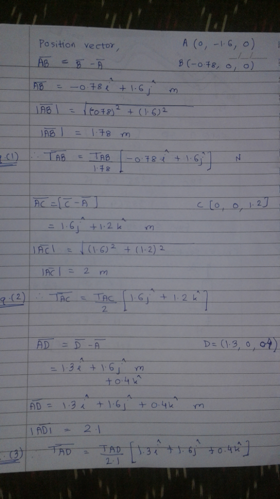A (o, -1-6, 0) Position vector BC-0t8, 0 o) A -o78 JAB tot8) + (62 JAS 8t. TAB TAB CI) + 16 AC --A 2J +1.2 k JAC (16)2 + (12)