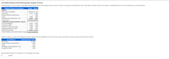 Consolidated Balance Sheet Working Paper, Bargain Purchase On December 31, 2012, Paxon Corporation acquired all of the outsta