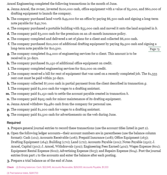 Aracel Engineering completed the following transactions in the month of June. a. Jenna Aracel, the owner, invested $100,000 c