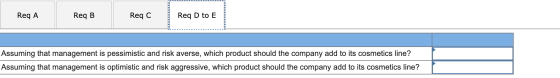 Req A Req B ReqC Req D to E .................... Assuming that management is pessimistic and risk averse, which product shoul
