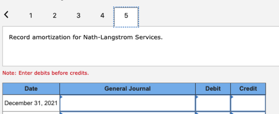 Record amortization for Nath-Langstrom Services. Note: Enter debits before credits. Date General Journal Debit Credit Decembe