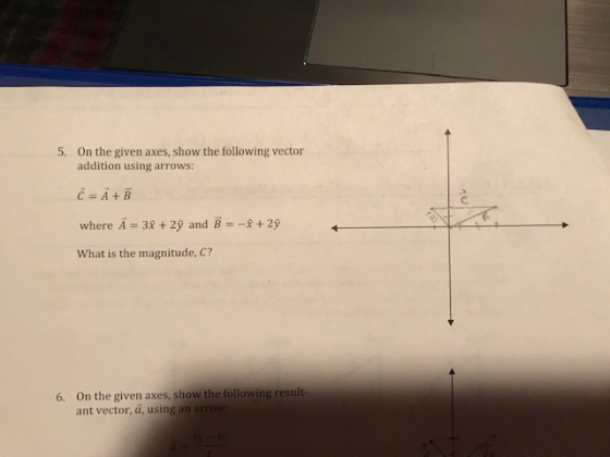 5. On the given aves, show the following vector addition using arrows: C A+ B where A-3e + 2, and B-2+ 2j) What is the magnitude, C? On the given axes, show the following result ant vector, a, using an arrov 6.