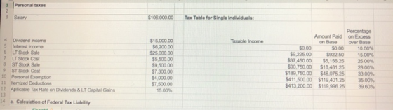 1 Personal taxes Salary $106,000.00 Tax Table for Single Individuals: Texable income 4 Dividend Income 5 Interest Income 6 LT