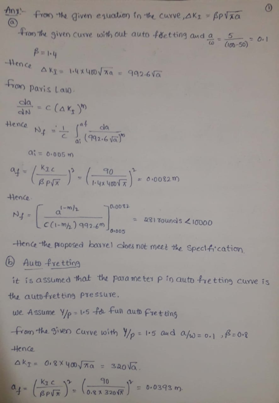 Vron the given curve with out auto -fdetting and a 5 o(0-50) P- 1-4 -Hence on pavis Lauo ola Henco a dla a 0.005 @pj天 ) Hence I-mh 0.005 -tHence the proposed basvel cloes not meet the Spectf cation Auto Pre ttios it is assumed thot the para me ter p io auto fretting curve is the auto-fretting psessure, y/p : 1.5 and ,ß:0.8 -from-thu given curve uoith Henco a/a):0-1 = 0.0393 m).