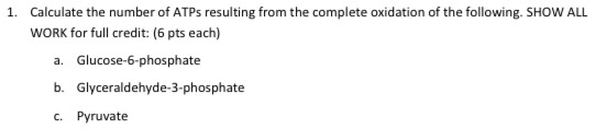 1. Calculate the number of ATPs resulting from the complete oxidation of the following. SHOW ALL WORK for full credit: (6 pts
