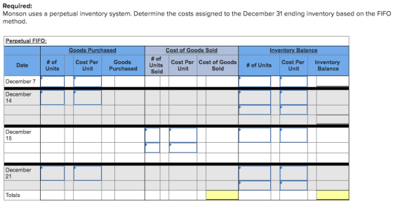 Required: Monson uses a perpetual inventory system. Determine the costs assigned to the December 31 ending inventory based on