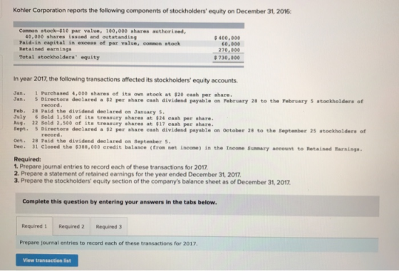 Kohler Corporation reports the following components of stockholders equity on December 31, 2016: o utstand 10. Common stock-