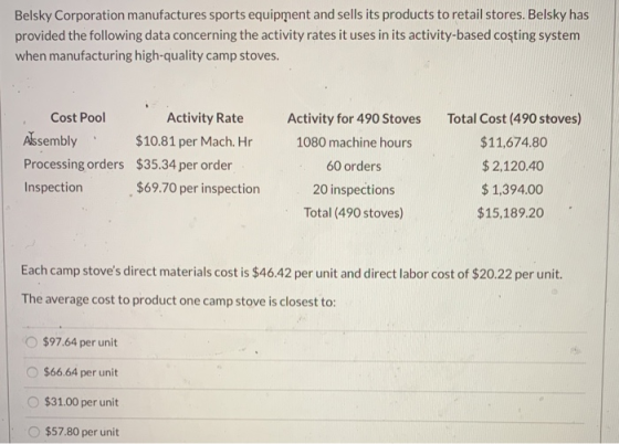 Belsky Corporation manufactures sports equipment and sells its products to retail stores. Belsky has provided the following d