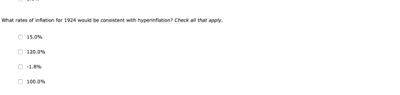 What rates of inflation for 1924 would be consistent with hyperinflation? Check all that apply. O 15.0% 120.0% 0 -1.8% O 100.