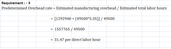 Requirement:- 3 Predetermined Overhead rate = Estimated manufacturing overhead / Estimated total labor hours [1292940 + (4950