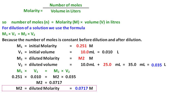 Molarity = Number of moles Volume in Liters so number of moles (n) = Molarity (M) ~ volume (V) in litres For dilution of a so
