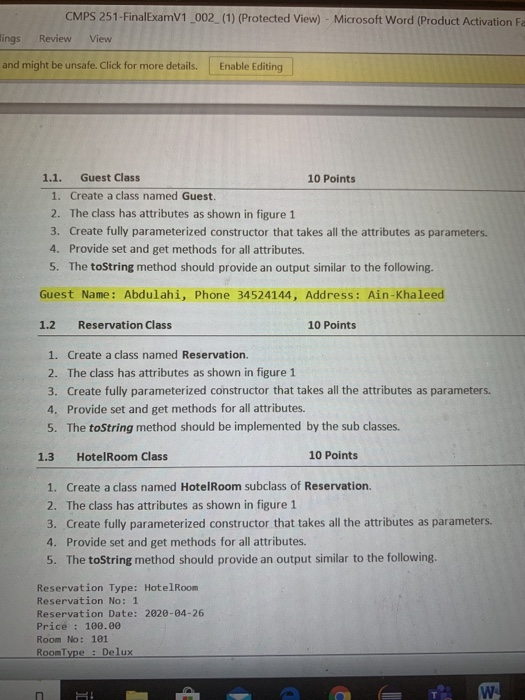 CMPS 251-FinalExamV1 _002_ (1) (Protected View) - Microsoft Word (Product Activation F Review View lings and might be unsafe.