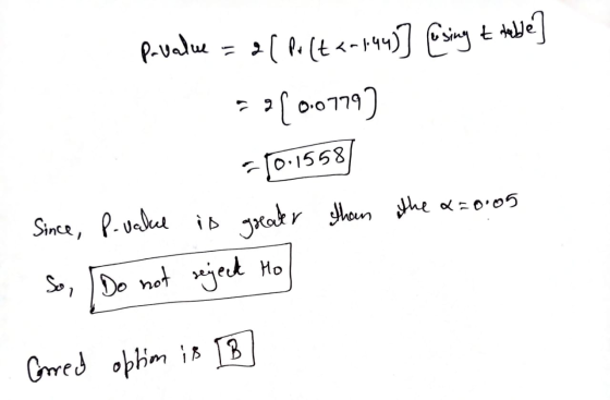 p-value = 2(P. (tan 144]] [sing t table] 700779) G10:1558 Since, P-value is greater than the x=0:05 So, Do not rejeck Ho Corm