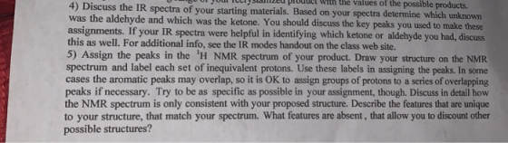 With the values of the possible products. 4) Discuss the IR spectra of your starting materials. Based on your spectra determi