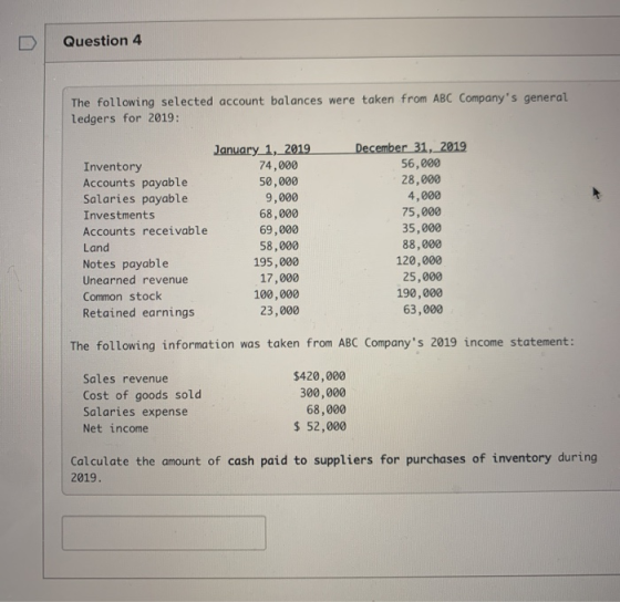 Question 4 The following selected account balances were taken from ABC Companys general ledgers for 2019: Inventory Accounts