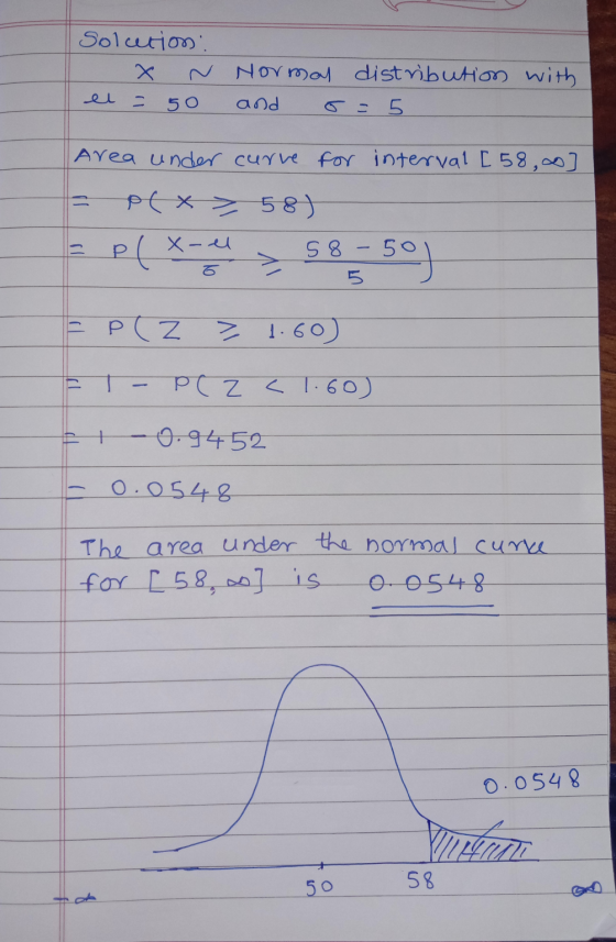 Solution: N Normal distribution with 50 and el - Area under curve for interval [58] pc x > 58) -pl 58 -50 p(x-el 5 = P(Z > 1.