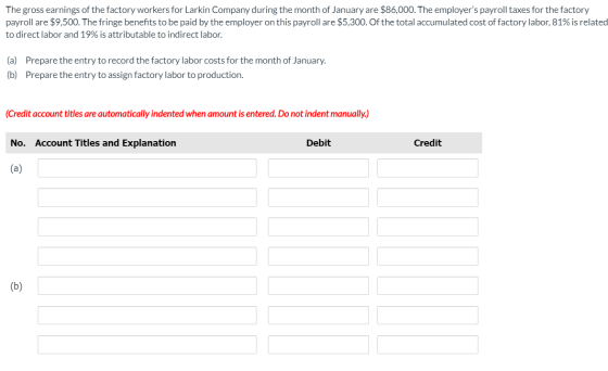 The gross earnings of the factory workers for Larkin Company during the month of January are $86,000. The employers payroll