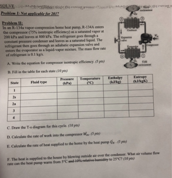Problem I: Not applicable for 2017 Problem II: In an R-134a vapor-compression home heat pump, R-134A enters the compressor (75% isentropic efficiency) as a saturated vapor at 200 kPa and leaves at 800 kPa. The refrigerant goes through a constant pressure condenser and leaves as a saturated liquid. The refrigerant then goes through an adiabatic expansion valve enters the evaporator as a liquid-vapor mixture. The mass flow rate of refrigerant is 0.1 kg/s. and Cod A. Write the equation for compressor isentropic efficiency. (5 pts) B. Fill in the table for each state (10 pts) Pressure TemperatureEnthalpy Entropy State Fluid type (kPa) 2s 2a C. Draw the T-s diagram for this cycle. (10 pts) D. Calculate the rate of work into the compressor W. (5 pts) E. Calculate the rate of heat supplied to the home by the heat pump Qn-(5 pts) F. The heat is supplied to the house by blowing outside air over the condenser. What air volume flow rate can the heat pump warm from 5 C and-10%-reletive humidity to 25 C? (10 pts)