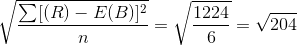 \sqrt{\frac{\sum [(R)-E(B)]^2}{n}} = \sqrt{\frac{1224}{6}}= \sqrt{204}