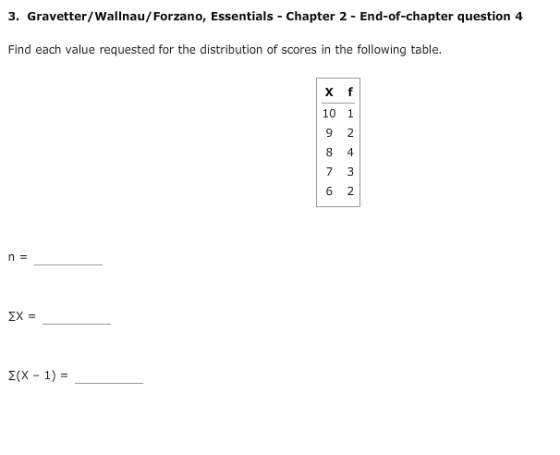 3. Gravetter/Wallnau/Forzano, Essentials Chapter 2 End-of-chapter question 4 Find each value requested for the distribution of scores in the following table. 10 1 E(x-1)-