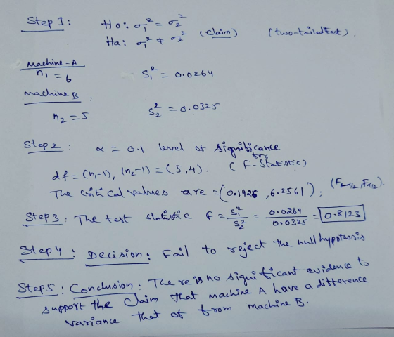 Step 1: Hou o = 0 2 (claim) (two-tiled East, Hai opet Machine - A D. ni=b Si = 0.0264 machine B = 0.0325 h2=5 Step 2: level o