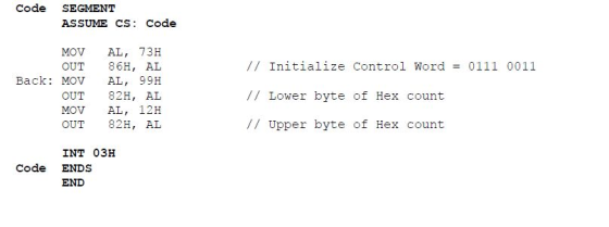 Code SEGMENT ASSUME CS Code MOV AL, 73H OUT 86H, AI // Initialize control Word = 0111 0011 // Lower byte of Hex count // Uppe