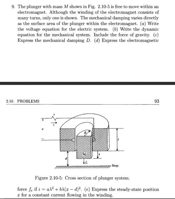 9. The plunger with mass M shown in Fig. 2.10-5 is free to move within an electromagnet. Although the winding of the electrom