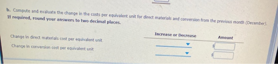 b. Compute and evaluate the change in the costs per equivalent unit for direct materials and conversion from the previous mon