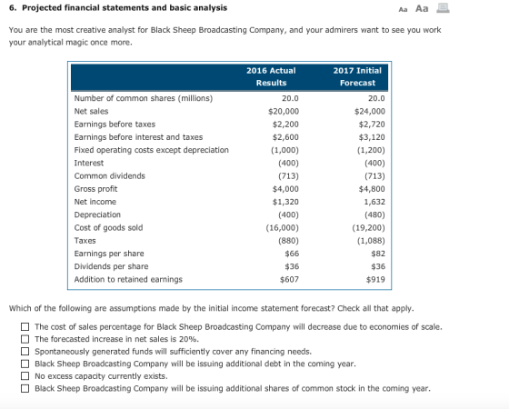 6. Projected financial statements and basic analysis Aa Aa E You are the most creative analyst for Black Sheep Broadcasting C