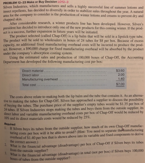PROBLEM 12-23 Make or Buy Decision LO12 Silven Industries, which manufactures and sells a highly successful line of summer lo