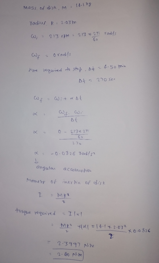 Mass of disk, M = 1 radius R = 2.03m W; = 213 rpm = 2134 21 rodys GO Ws = orades time required to stop at = 4.50 min of = 270