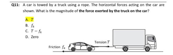 Q11: A car is towed by a truck using a rope. The horizontal forces acting on the car are shown. What is the magnitude of the