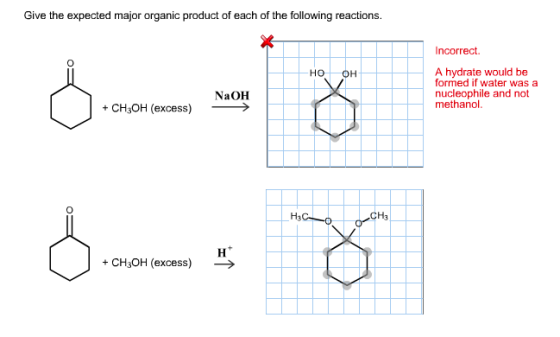 Give the expected major organic product of each of the following reactions. HO NaOH CH3OH (excess) CH3OH (excess) Incorrect A hydrate would be formed if water was a nucleophile and not methanol.