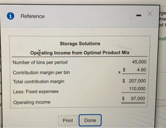 Reference ge me pat Irodt Storage Solutions Operating Income from Optimal Product Mix Number of bins per period 45,000 $ 4.60
