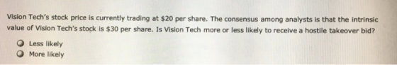 Vision Techs stock price is currently trading at $20 per share. The consensus among analysts is that the intrinsic value of Vision Techs stock is $30 per share. Is Vision Tech more or less likely to receive a hostile takeover bid? O Less likely O More likely